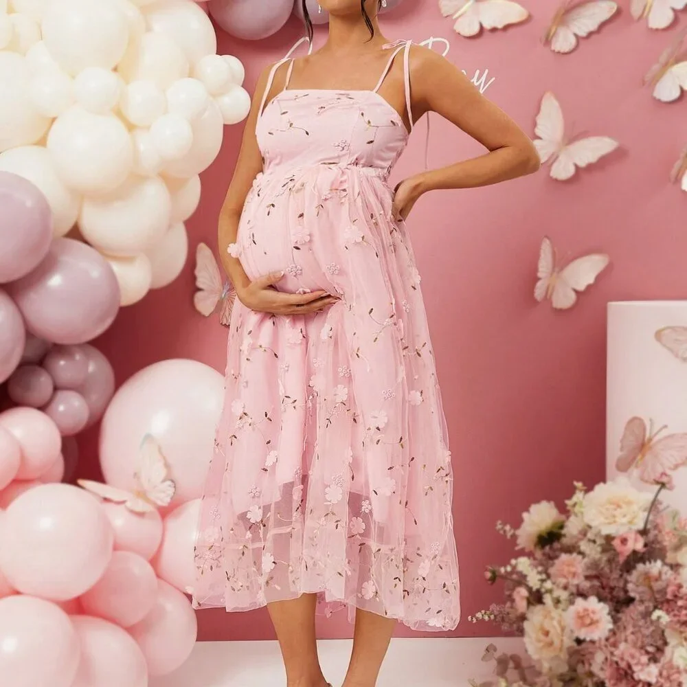 Pink Boho Women's Pregnant Bow Shoulder Strap Elegant Long Dress - Picture 6 of 6